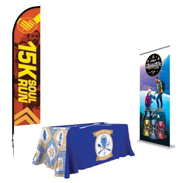 Discover the impact of Showcase Kit 5 - a triad of our best-selling displays designed for trade shows, showrooms, or on-the-go events. This kit features the 36 In. Best Roll Up with a super flat graphic package, a large 14' Feather Flag with a Spike Base, and a Full-Color 6ft. 4-Sided Table Throw. Command attention, elevate your brand, and create a dynamic presence at every venue.